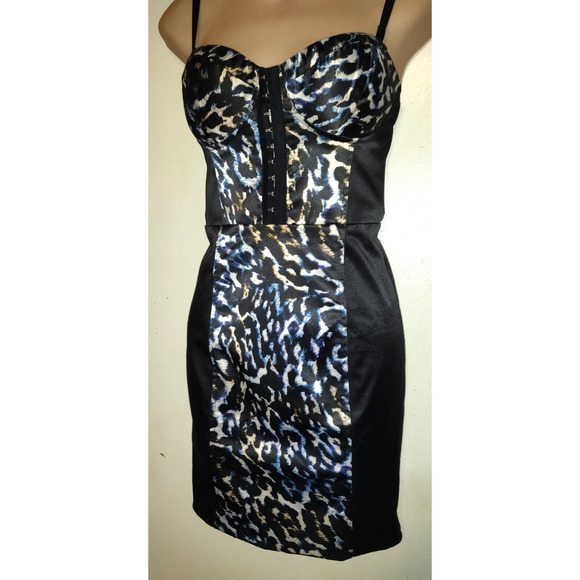 Guess Corset Dress Sz 2 Black Blue Bodycon Bustier Coquette Animal Print Stretch - Picture 3 of 16